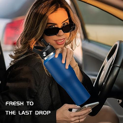 32oz Insulated Water-Bottle with Straw - Carrier Strap Bag, Keeps Cold 48h & Hot 24h, Metal Water Bottles 32 oz Cups with Lids for Gym/Hiking - color: Navy Blue, size: 32 Ounces