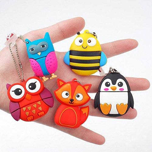 5X8GB Cute Animals USB Flash Drive with Chain Bee Fox Owls Penguin Pen Drive Gifts for School Kids and Students Valentine's Day Gift (Pack of 5 Animals) - color: 5xAnimals, size: 8GB
