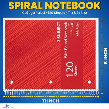 1InTheOffice Spiral Notebook College Ruled 11 x 8, 3-Subject College Ruled Notebooks, Wirebound Spiral Notebooks, 120 Sheets, Assorted Colors, 4 Pack