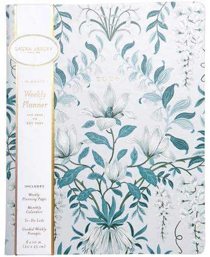 Laura Ashley 2026 Weekly and Monthly Planner 8x10 or 6x8 Notebook Agenda | Textured Faux Leather Cover, Clear Weekly & Monthly Layout, Space for Daily Tasks & Reminders - color: Blue Parterre, size: 8X10