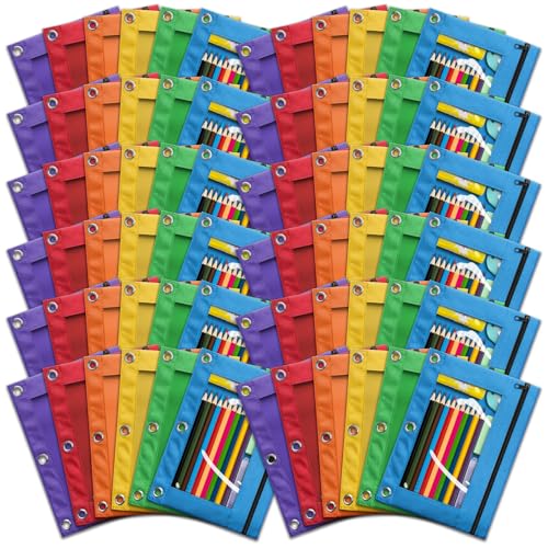 Pencil Pouch for 3 Ring Binder, Bulk 72 Pack 3-Holes Zipper Pencil Pouches in Assorted Colors, Sturdy and Durable Cloth Pencil Holder with Clear Window for Office School College Supplies (72)