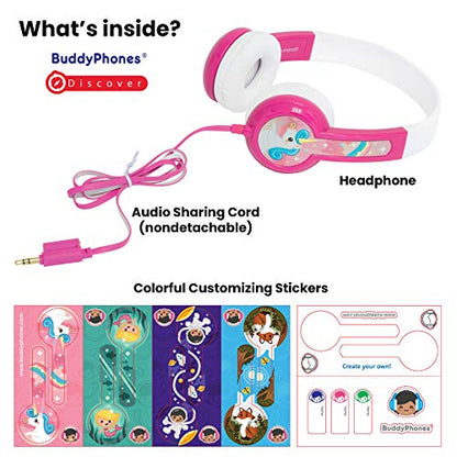 ONANOFF BuddyPhones Discover, Volume-Limiting Kids Headphones, Comfortable and Durable, Built-in Audio Sharing Cable, Compatible with Fire, iPad, iPhone, and Android Devices, Pink