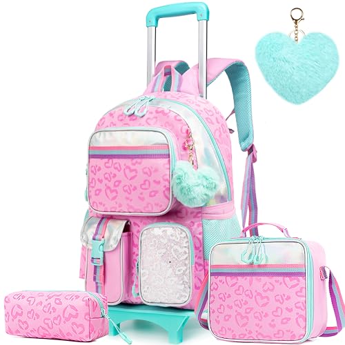 Meetbelify Girls' Rolling Backpack with Wheels - Cute Kawaii Carry On Backpack with Lunch Box for Elementary Students - Pink Love - color: Love Pink