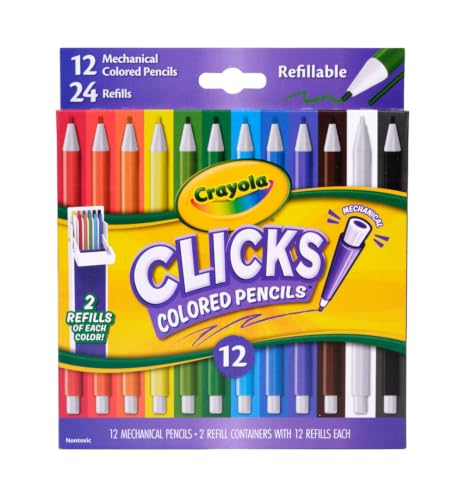 Crayola Clicks 2.0mm Mechanical Colored Pencil Set, 12 Assorted Colors, Coloring Pencils for Kids, No Sharpen, 24 Replacement Cores, Ages 5+ - color: Classic, style: Click Mechanical Pencil