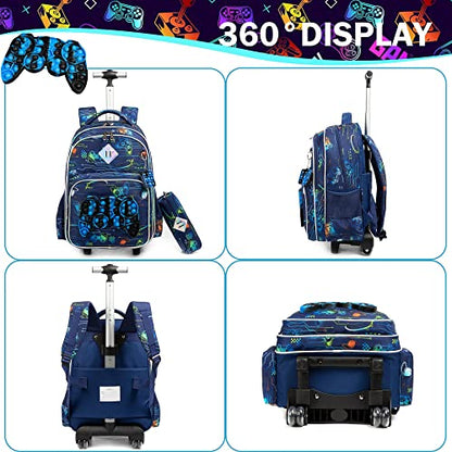 Meetbelify Rolling Backpack for Boys with Wheels Kids Travel Suitcase Laptop Luggage with Lunch Box Set for Boys Age 6-8 - color: 02 Game