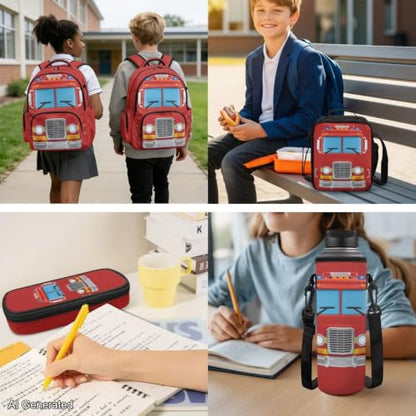 Classic Fire Truck Backpack for Boys Girls Kids Backpack with Lunch Box Water Bottle Pouch and Zipper Pencil Case 4PCS Set Bookbag with Pockets for School 17 inch Large Capacity School Bag - color: Classic Fire Truck