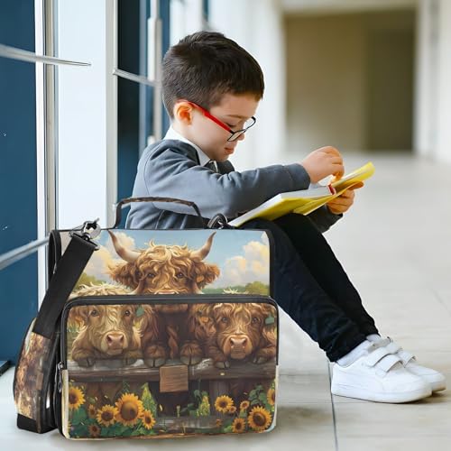 3 Ring Zipper Binder Sunflower Highland Cow Binders Bag with Shoulder Strap 500 Sheets Paper Organizer Trapper Keeper Documents Storage File Folder for School Office - color: A1190