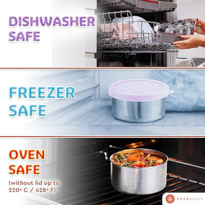 Everusely - Stainless Steel Containers with Lids - Set of 6, Bright Collection - Leakproof Stainless Steel Food Containers - Nesting Snack Holders - Metal Lunch Box - Portable & Reusable Meal Kit - color: Pack of 6