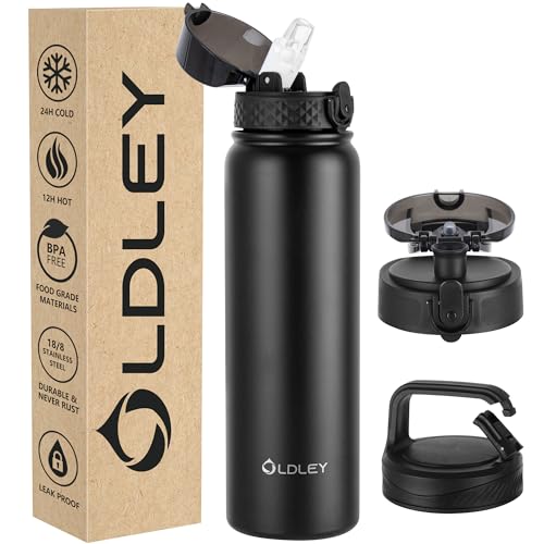 Oldley Insulated Water Bottle 32oz Water Bottles with Straw, Stainless Steel Water Bottle with 3 Lids, Double Wall Vacuum Bottles for Adult,Sports Bottles for School Travel, Black - color: Black, size: 32 Ounces