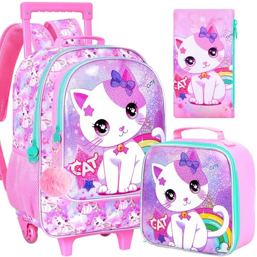 AGSDON 3PCS Kids Rolling Backpack, Girls Roller Wheels Bookbag, Wheeled Elementary School Bag with Lunch Bag - White Cat - color: White Cat Roller