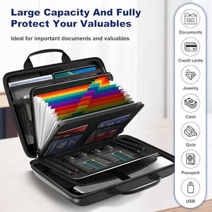 Fireproof Document Box, Hard Case Fireproof File Organizer Box with Lock and 13 Pocket Accordion File Folder, Portable Safe Box for Home Office Travel to Storage Important Documents Laptop Green
