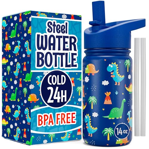 Klevly Stainless Steel 14 OZ Kids Water Bottle with Straw | BPA-Free Insulated Water Bottle with Leak-Proof Lid | Dinosaur Kids Water Bottle for School | Kids Stainless Steel Water Bottles - color: Dinosaur