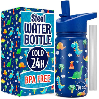 Klevly Stainless Steel 14 OZ Kids Water Bottle with Straw | BPA-Free Insulated Water Bottle with Leak-Proof Lid | Dinosaur Kids Water Bottle for School | Kids Stainless Steel Water Bottles - color: Dinosaur