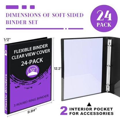 Fulmoon 24 Pcs 3 Ring Plastic Binders Bulk with 2 Pockets Flexible Binder with Transparent View Cover Plastic Binder for Home Office(1/2 Inch,Black) - color: Black, size: 1/2 Inch