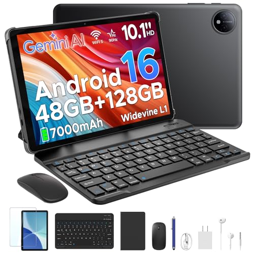 P10 10.1 inch Tablet, 48GB RAM+128GB ROM, Android 16 Tablet with Gemini AI, 7000mAh, Unisoc T310 Quad-Core, 90Hz, 8MP+5MP, Dual Speakers, Headphone, Tablet with Keyboard, Pen, Case-Black - color: Black