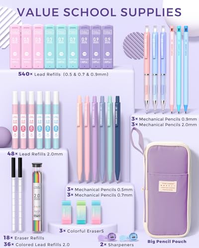Four Candies 36PCS Mechanical Pencil Set with 624 Lead Refills (Purple) | 0.5mm - 2.0mm Mechanical Pencils, Aesthetic School Supplies for Writing, Drawing, Drafting , Note-Taking & Back to School - color: Purple