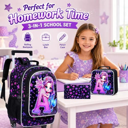 CCJPX 18" Mermaid Rolling Backpack for Girls, 3Pcs Kids Wheeled Bookbag with Lunch Box, Lightweight Roller School Bag for Elementary Preschool (Black) - color: A-star Mermaid