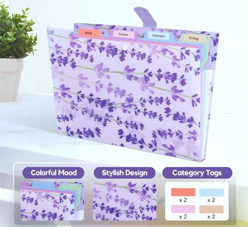 Folder Organizer Expanding File Folder Patternted - Accordion Document Organizer with 5 Pockets and Labels, Waterproof A4/Letter Size for School Office Home (Lavender) - style: Lavender