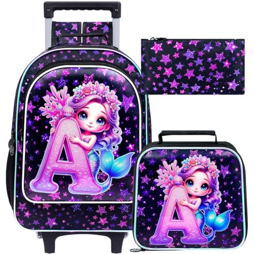 WZLVO 3PCS Girls Rolling Backpack, 18" Sparkling Mermaid Print Wheeled Backpack, Includes Matching Lunch Bag & Pencil Bag - Mermaid Hugging A (Purple) - color: 3PCS Girls Rolling Backpack - Mermaid Hugging A