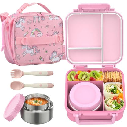 JOOPETALK Bento Lunch Box Set for Kids with 9oz Soup Thermo, Insulated Lunch Bag,Leak-proof BPA-free Lunch Food Container with 3-4 Conpartments for School Travel-Pink