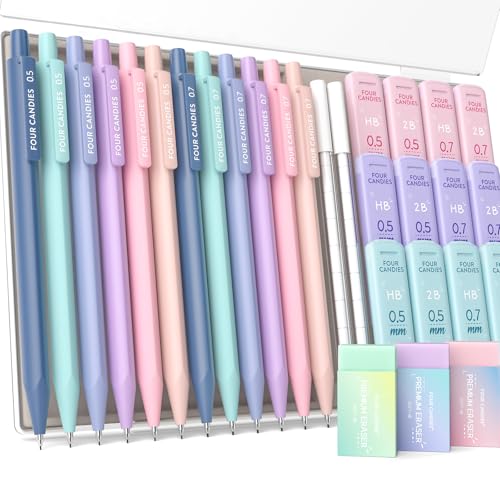 Four Candies Cute Mechanical Pencil Set, 0.5mm & 0.7mm Point, 12-Count Pack | 720 HB/2B Leads, 3 Erasers, 18 Eraser Refills, Storage Case, Triangular Grip, for Notes & Drawing - style: 12PCS 0.5 + 0.7 mm