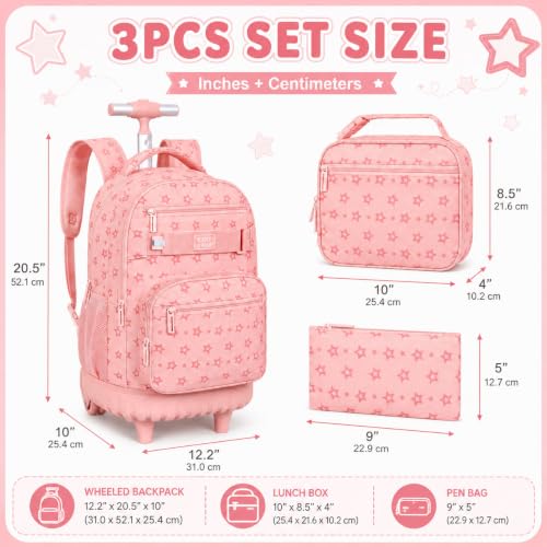 HPJGD 3PCS Rolling Backpack for Girls, Pink Star Roller School Backpacks with Wheels, Water-Resistant Wheeled Bookbag Set - color: Pink Star Rolling Backpack Set