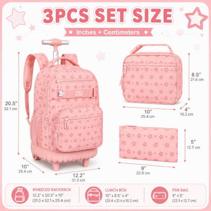 HPJGD 3PCS Rolling Backpack for Girls, Pink Star Roller School Backpacks with Wheels, Water-Resistant Wheeled Bookbag Set - color: Pink Star Rolling Backpack Set