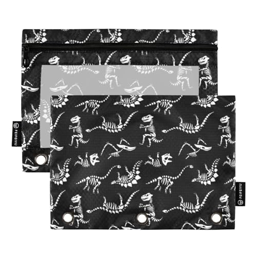 Dinosaur Skull Pencil Pouches for 3 Ring Binder2 Pack | Ring Binder Pencil Case With Zipper Reinforced GrommetsPencil Bags for Office Organizers - color: Dinosaur Skull