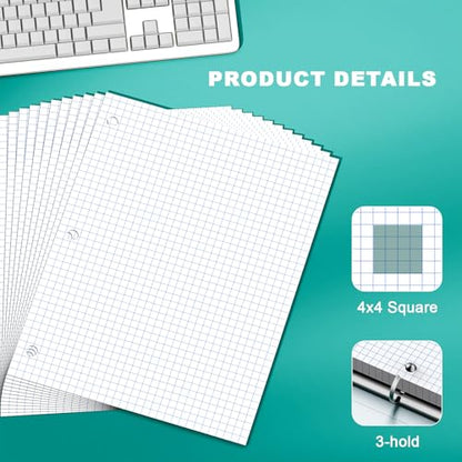 Loose Leaf Graph Paper Notebook 8 X 10.5, 360 Sheets Graphing Paper，3 Hole Punched，4x4 Quad Ruled Grid Notebook Paper, 10-1/2" X 8 Binder Filler Paper For, Engineering, Office, School - style: White-4x4 Graph-3 Pack