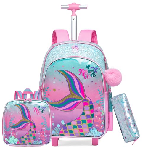 Mermaid Rolling Backpack for Girls with Lunch Box Kids Backpack with Wheels for School Cute Kids Rolling Backpacks for Girls Kindergarten - color: Pink Blue Mermaid
