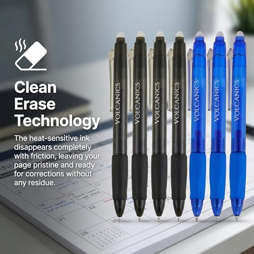 Volcanics Retractable Clicker Erasable Gel Pens - 0.7mm Ball Point, Heat Erase with Built-in Eraser, 36 Pack Blue and Soft Black - color: Blue and Black