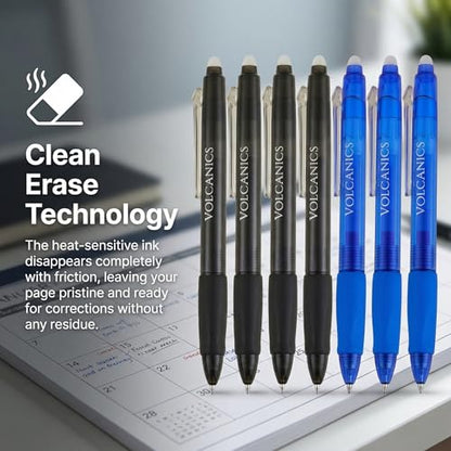 Volcanics Retractable Clicker Erasable Gel Pens - 0.7mm Ball Point, Heat Erase with Built-in Eraser, 36 Pack Blue and Soft Black - color: Blue and Black