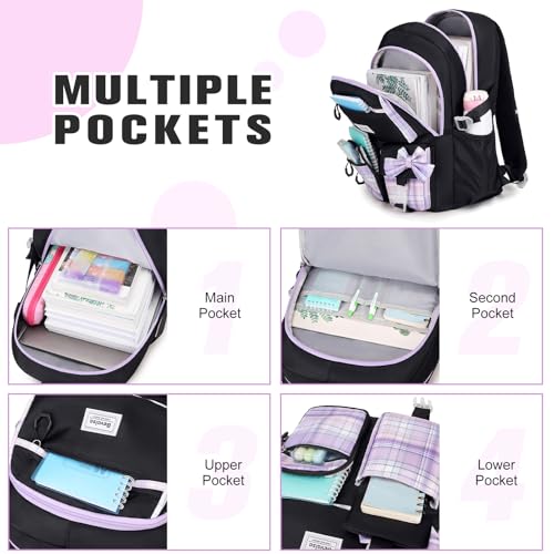 Bevalsa Backpack for Girls, Bow Bookpack with Bento Lunch Box, Insulated Bag & Utensils, 34oz Lunch Containers School Bags Set for Children Teens Kids Elementary Middle school Student (Black Purple) - color: Black Purple