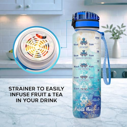 Octopus 32oz Water Bottle with Time Marker – Funny Stop Slacking Drink Your Water Ocean Animal Hydration Tracker Bottle, Sea Animal Gift for Octopus Lovers - color: Octopus