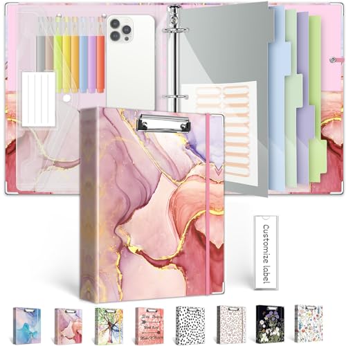 3 Ring Binder 1 Inch, Three Ring Binders Organizer with Clipboard, 5-Tabs Pockets Dividers, Plastic Folder, 18 Divider Stikers, BVSSX Pink Decorative Binder with Pen Loop (Pink Marble, Letter Size) - color: 04-pink Mable, size: 1in（Letter Size）