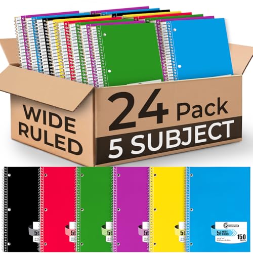 Rosmonde 24 Pack Spiral Notebook, 5 Subject, 300 Pages/Book (150 Sheets), Wide Ruled, 8 x 10-1/2, Bulk Subject Notebooks for Office & School, Office Spiral Notebooks, Soft Cover, Assorted Colors - size: 24 Pack, style: 5 Subject - Soft Cover