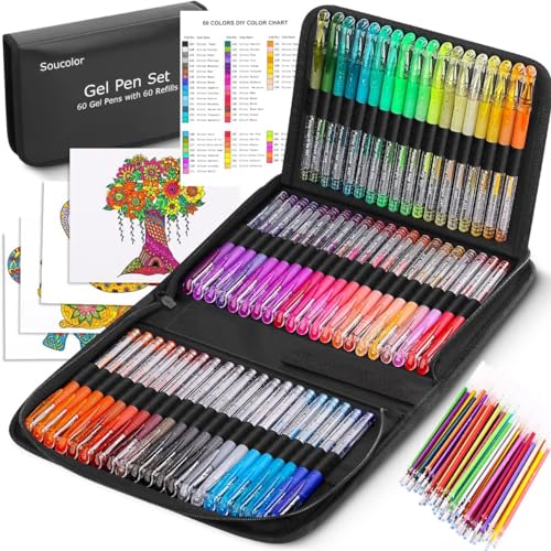 Soucolor 120 Pack Gel Pen 60 Glitter & 60 Refillss for Adult Coloring Books | 120 Pack:60 Glitter &60 Refills and Travel Case,40% More Ink Gel Markers Pen Set for Drawing Journaling Craft Art Supplies - color: Black