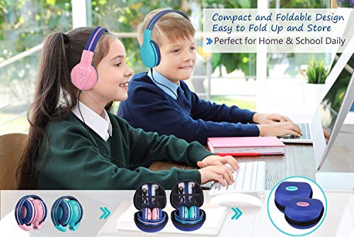 SIMOLIO 2 Pack Kids Bluetooth Headphones with Share Port, 75/85/94dB Volume Limit w/Mic for Toddler Teens, Bluetooth 6.0, 30H Playtime, Foldable Headsets w/Travel Case for School Airplane iPad PC - color: Mint & Pink
