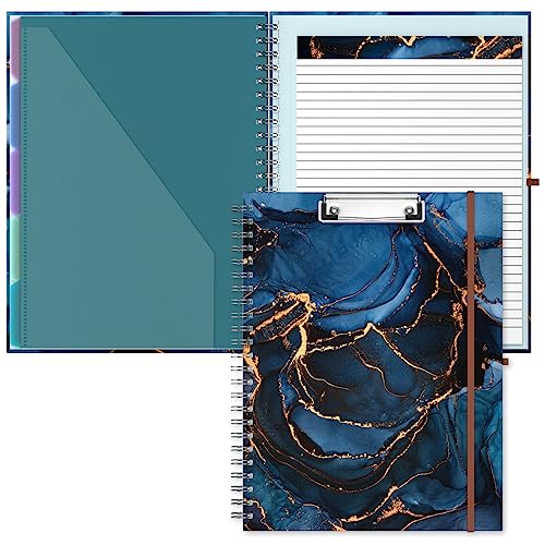 Hongri Clipboard Folio with Refillable Lined Notepad, 8.5 x 11 Folders with Storage 10 Pockets, Spiral Portfolio, Size 12.8x 9.7 in, Office & School Supplies, Blue Marble - color: Blue Marble