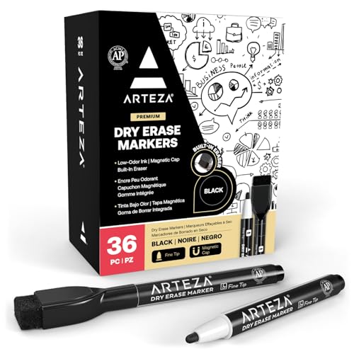 ARTEZA Black Dry Erase Markers with Erasers – Pack of 36 Magnetic Fine Tip Whiteboard Pens with Low-Odor Ink for Office & Home Use - size: 1 Count (Pack of 36)