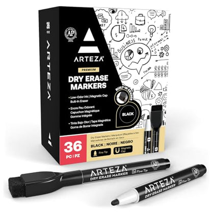 ARTEZA Black Dry Erase Markers with Erasers – Pack of 36 Magnetic Fine Tip Whiteboard Pens with Low-Odor Ink for Office & Home Use - size: 1 Count (Pack of 36)