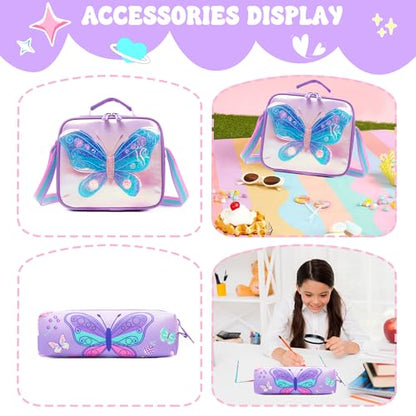 Meetbelify Girls Rolling Backpack with Wheels for Kids 3D Butterfly School Roller Backpack,Carry on Travel Luggage with Lunch Bag and Pencil Case for Girls Ages 5-12 - color: 01 Butterfly