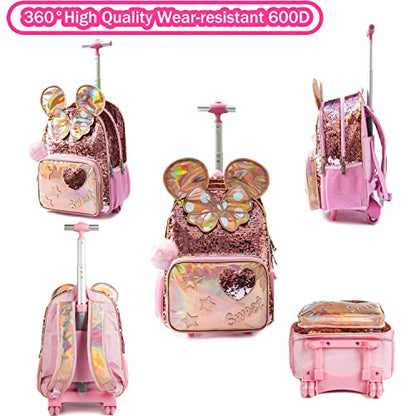 Girls Kids Rolling Backpack with Wheels Trolley School Bag Waterproof Travel Luggage for Kids Girls and Students lunch bag Lightweight and Multi functional 5-10 Years Old - color: C