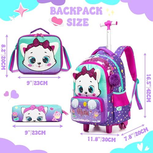 Rolling Backpack with Wheels for Girls Kids Cute Cat Rolling Backpack with Lunch Bag and Pencil Case Set Kids Travel Luggage for Elementary Girls Ages 5-12 - color: 01 Purple Cat