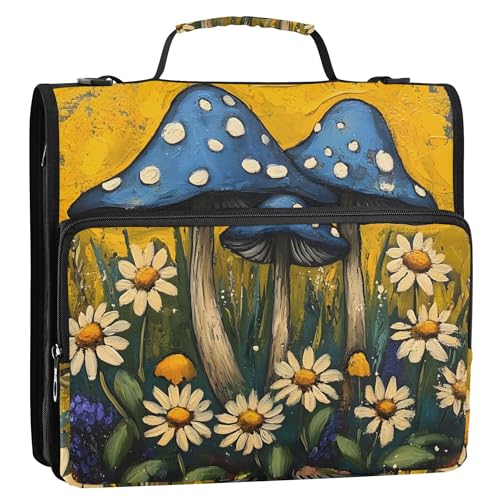 Mushrooms and Wildflowers Zipper Binder with Shoulder Strap, 500 Sheets Capacity, Multiple Pockets 1.5Inch 3 Ring Zipper Binder - color: Mushrooms and Wildflowers