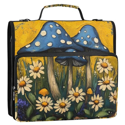 Mushrooms and Wildflowers Zipper Binder with Shoulder Strap, 500 Sheets Capacity, Multiple Pockets 1.5Inch 3 Ring Zipper Binder - color: Mushrooms and Wildflowers