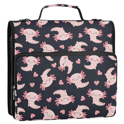 Zipper Binder Bag 3 Ring File Folder Portfolio Organizer Zippered Binder Bags with Strap Fits Laptop Women Men - color: 34-cute Axolotl Heart Black