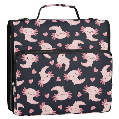 Zipper Binder Bag 3 Ring File Folder Portfolio Organizer Zippered Binder Bags with Strap Fits Laptop Women Men - color: 34-cute Axolotl Heart Black