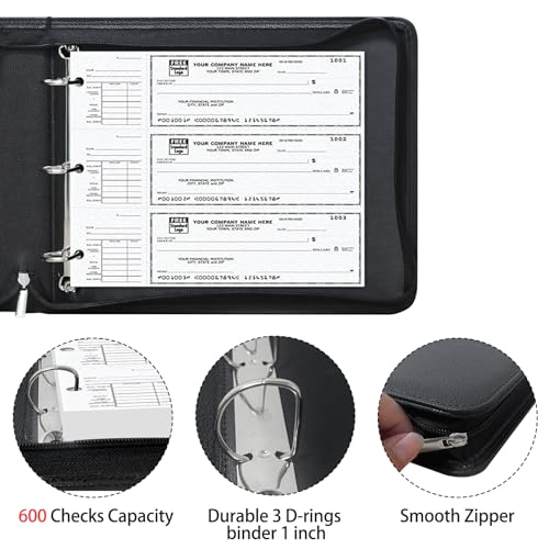LLi Cufite 3 Rings Check Binder for End-Stub Deskbook Checks, Zipper Business Check Binder, 3 on a Page, Fit 3 & 9 Holes Check Faux Leather (9.5" x 12.6") (Black) - color: Black