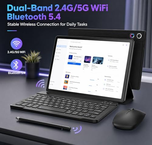Jeazans Android 16 Tablet 10.1 Inch, 2-in-1 Tablet Bundle with Keyboard, Wireless Mouse, Stylus, Leather Case, Dual Camera, 64GB Storage+1TB Expansion, Portable Laptop for Students & Business